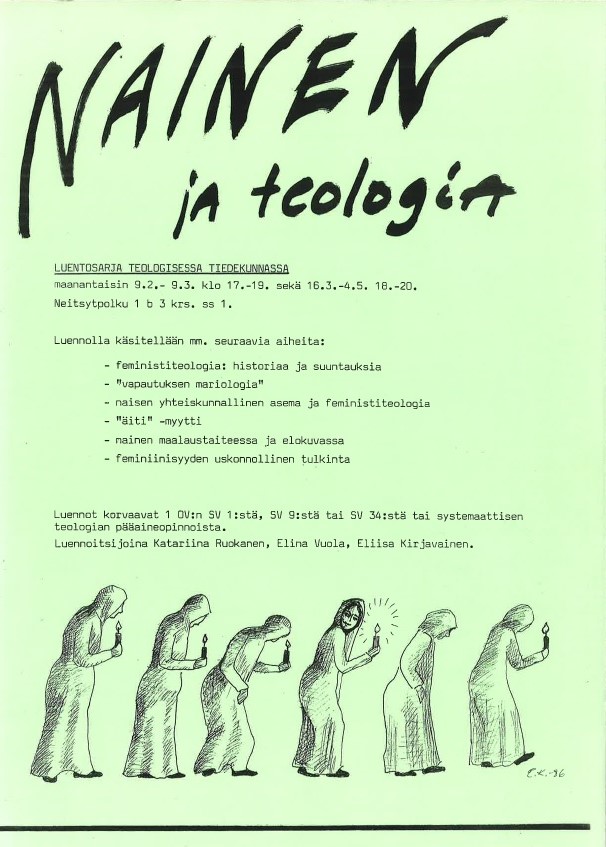 Esite feministiteologian kurssista, jonka Elina Vuola järjesti 80-luvulla.